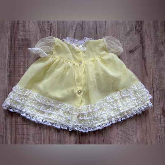 Vintage light Yellow white Lace pink flower Baby girl infant Dress dainty pretty - Picture 2 of 6